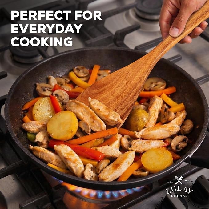 Zulay Kitchen Extra-Large 6-Piece Wooden Spoon Set - Smooth Teak Cooking Utensils - Comfort-Grip Non-Stick Turner, Spatula, Skimmer, Fork, Serving Spoon - Image 6