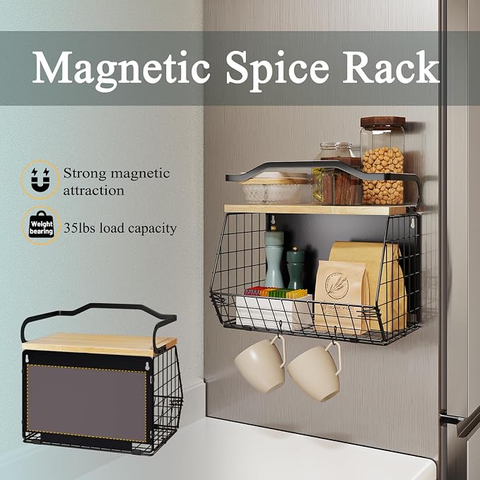 Magnetic Shelf for Fridge with Wood Lid, Heavy Duty Fruit Basket, Fruit Potato and Onion Storage Bins, Magnetic Spice Rack for Refrigerator, Black Hanging Wire Basket for Kitchen Counter - Image 2