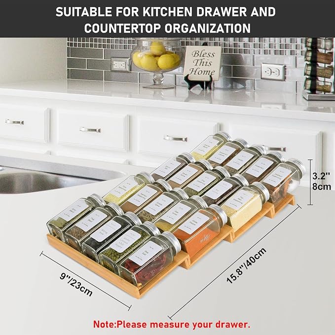 Spice Drawer Organizer with 20 Spice Jars,216 Labels,50 Non-slip Rubber, Bamboo 4 Tier Seasoning Rack Tray Insert for Kitchen Drawers,Cabinets,Countertop,9" Wide x 15.8" Deep - Image 3