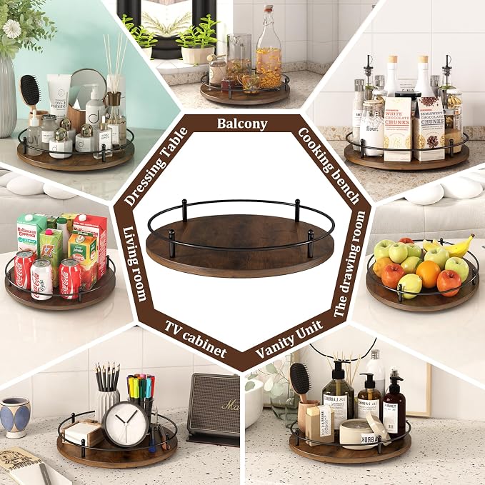 12" Lazy Susan Turntable Organizer,Round Wooden Lazy Susan Organization and Rotating Spice Rack for Dining Table,Pantry,Kitchen Countertop,Vanity,Cupboard and More.Vintage Wood(Round) - Image 7