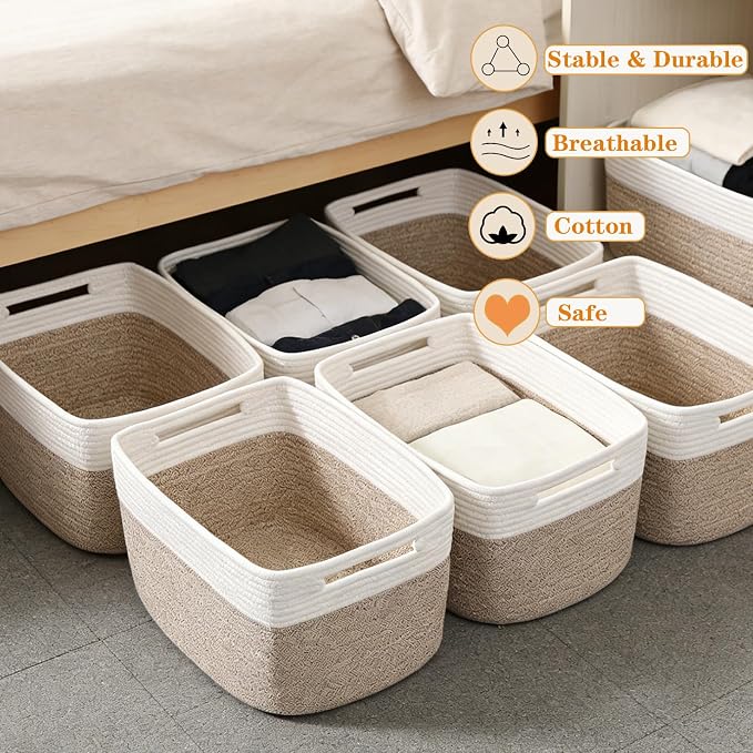 6 Pack Woven Rope Baskets, 12.6"×9"×7.8" Storage Bins, White&Brown | Storage Boxes for Toys, Books, Towels, Clothes, Shelf Baskets Organizer,Empty Gift Baskets for Living Room, Bathroom, Bedroom - Image 5