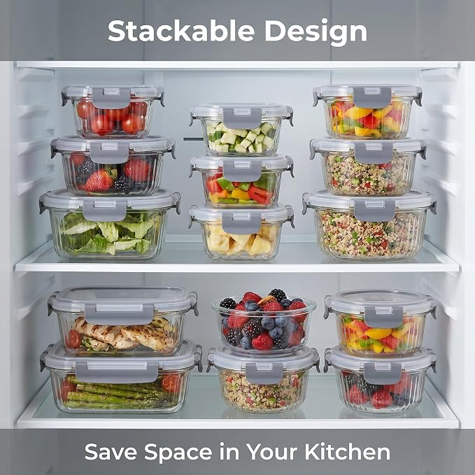 Glass Food Storage Containers with Lids, 12 Piece Glass Meal Prep Containers Set, Airtight Leakproof Snap Lock Lids, BPA-Free, Freezer Microwave Oven Dishwasher Safe, Ribbed Glass Containers - Image 8