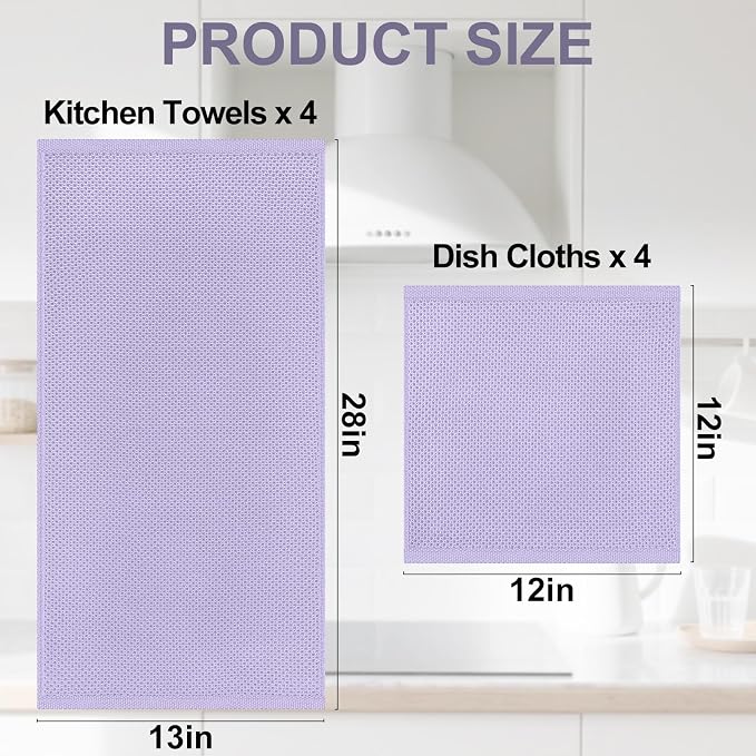 Homaxy 8 Pack 100% Cotton Kitchen Towels and Dishcloths Set, Lavender | 12 x 12 Inches and 13 x 28 Inches Kitchen Towels Set, Ultra Soft Absorbent Dish Cloths for Washing Dishes - Image 4