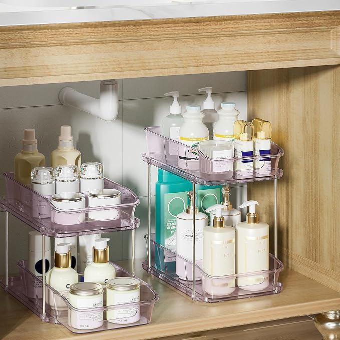 Delamu 2-Tier Under Sink Organizers and Storage, Multi-Purpose Stackable Bathroom Cabinet organizers, Pull Out Kitchen Pantry Organization and Storage with Dividers(2 Pack, Purple) - Image 2