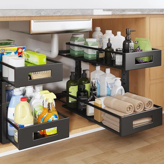 2 Packs 19IN Depth Under Sink Organizer, 2-Tier Pull Out Cabinet Organizer With Smooth Circular Rail, Large Capacity Metal Mesh Sliding Drawers For Bathroom& Kitchen Storage,Height Adjustable –Black by UnderSinkOrganizer