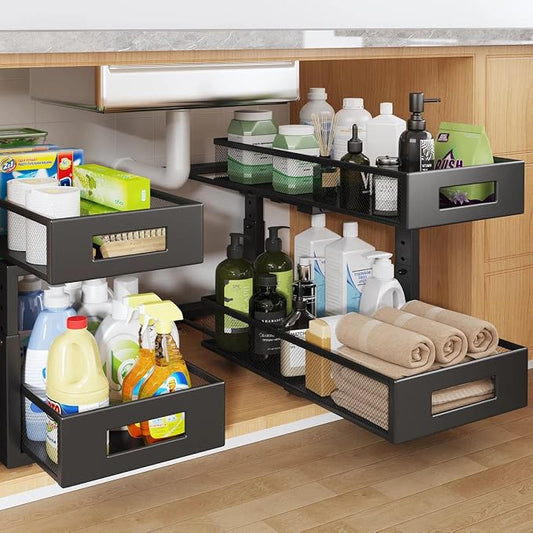 2 Packs 19IN Depth Under Sink Organizer, 2-Tier Pull Out Cabinet Organizer With Smooth Circular Rail, Large Capacity Metal Mesh Sliding Drawers For Bathroom& Kitchen Storage,Height Adjustable –Black by UnderSinkOrganizer