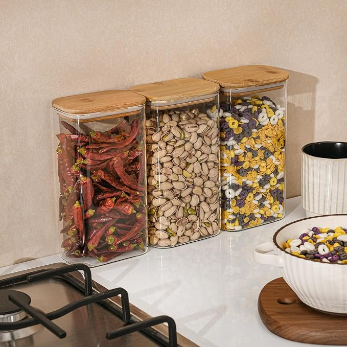 D2scrma 56oz Rectangle Airtight Glass Storage Containers with Bamboo Lids (Set of 3), Square Food Storage Jar, Pantry Organizers for Oats, Cereal, Pasta and Coffee beans (‎with Black Lable) - Image 7