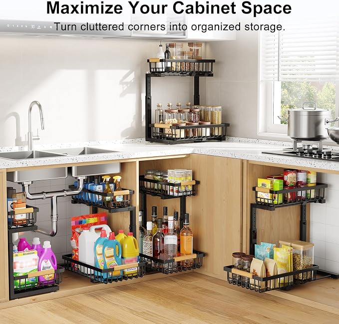 Under Sink Organizer 2 Pack, Adjustable Height 2-Tier Pull Out Cabinet Organizers, Heavy Duty Metal Slide Out Drawers, Under the Sink Organization and Storage Shelf for Kitchen Bathroom Pantry, Black - Image 3