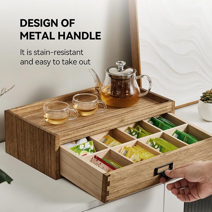 KIRIGEN Solid Wood Tea Storage Box, 8 Compartments, Brown CYG-DBR | 8-Section Desk Cabinet Organizer with Metal Handle Stores Tea Bags, Sachets, Coffee Packets, Sugar, and Small Tea Accessories - Image 5
