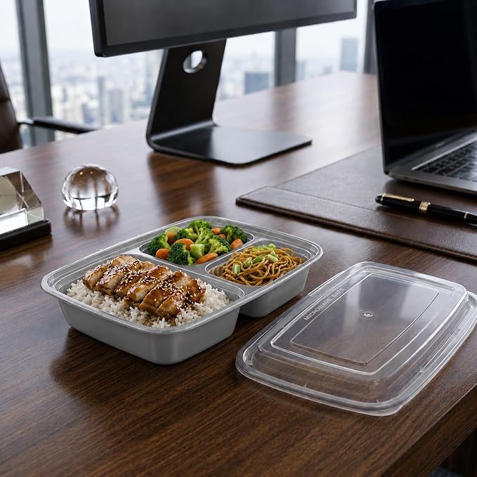 Asporto 26 Ounce Compartment Take Out Boxes, 100 Microwavable Meal Prep Containers - 3 Compartments, With Clear Plastic Lids, Silver Plastic Food Containers, Do Not Contain BPA - Restaurantware - Image 3