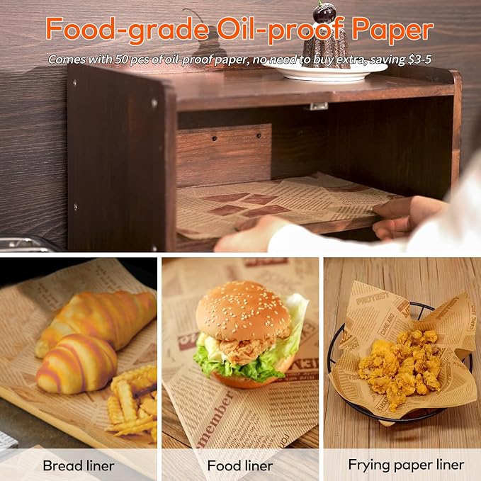 Wood Bread Box for Kitchen Countertop with Deli Paper, Walnut | Solid Pine Wood, 2-Tier Large Capacity, Included 50 Deli Papers, Vintage Farmhouse Breadbox, Wooden Bread Storage Container - Image 5