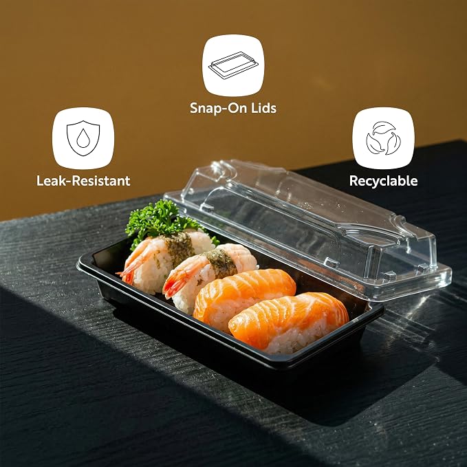 Restaurantware Plastic Sushi Trays 100 Pack of 6.1 x 3.5 x 1.77 Inch With Clear Lids Leak-Resistant Sushi Take Out Boxes Stackable Containers For Grab-And-Go - Image 4