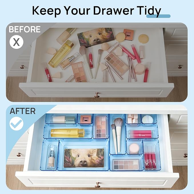 Vtopmart 25 Pack Plastic Drawer Organizers with Non-slip Rubber Pads | 4-Size Versatile Makeup Organizer, Storage Containers Small Bins for Makeup, Jewelries, Bedroom, Kitchen Utensils and Office - Image 3