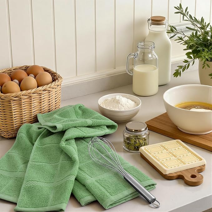 Homaxy 100% Cotton Kitchen Towels 18"x28", 8 Pack Dish Towels, Grass Green | Large 380 GSM Soft and Absorbent Kitchen Hand Towels with Terry Grid Design, Utility Tea Towel Set with Hanging Loop - Image 7