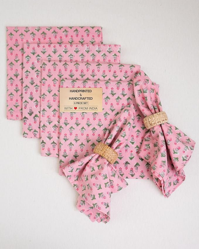Cotton Print Dinner Napkins 18x18 inches - Washable Cloth Napkins Set of 6 - Everyday Use or Dinner Party and Events - Pink Block Printed Soft Fabric by Craftbot by AVKAStudio