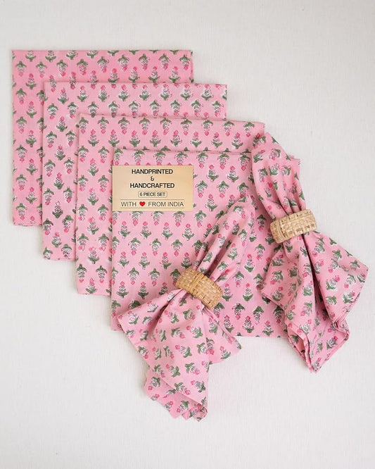 Cotton Print Dinner Napkins 18x18 inches - Washable Cloth Napkins Set of 6 - Everyday Use or Dinner Party and Events - Pink Block Printed Soft Fabric by Craftbot by AVKAStudio