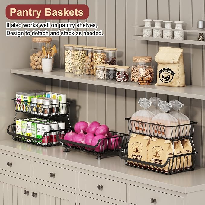 3-Tier Rolling Pantry Cart with Wheels, Stackable Wire Storage Floor Organizer for Kitchen Pantry Snack Shelves, Fruit Basket Stand, Vegetable Storage Rack for Food Snacks Onion Potato, Black, 2 Pack - Image 3