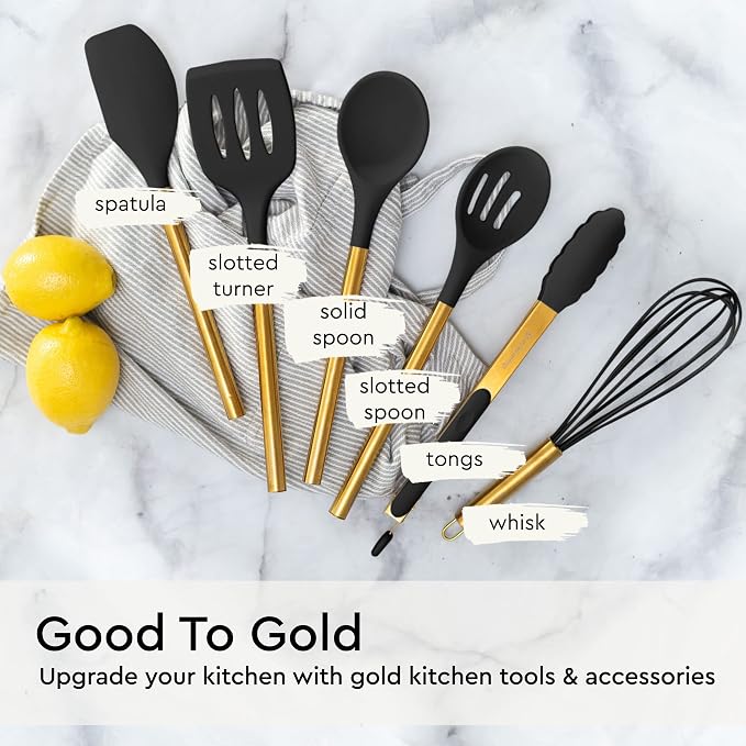 Styled Settings Black and Gold Kitchen Utensils Set, 6-Piece | Silicone Utensils Set Include Tongs, Whisk, Serving Spoon, Spatula, & Turner for Stylish Cooking - Gold Kitchen Accessories - Image 7