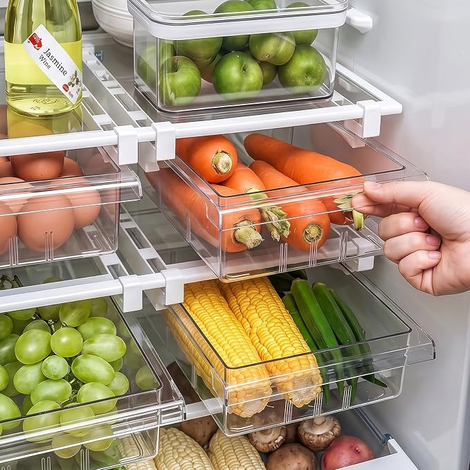 Fridge Drawer Organizer Pull-Out Under Shelf Bin, Adjustable Dividers | BPA-Free Clear Space-Saving Storage - Image 3