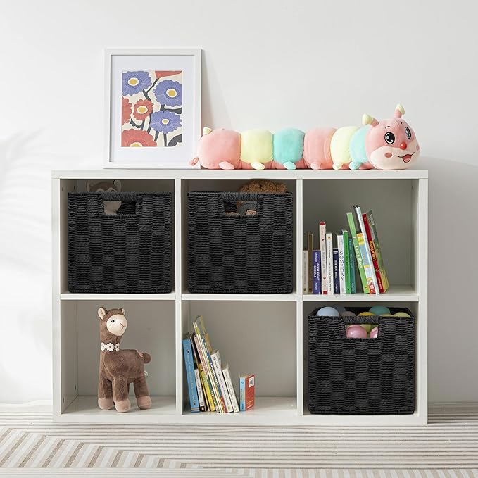 Wicker Storage Baskets for Organizing, 3 Pack Rustic Foldable Square Basket for Shelves, Handwoven Cubby Organizer Bins for Home Decor, Small Cube Storage Bin for Closet Organization (Black 11 inch) - Image 5