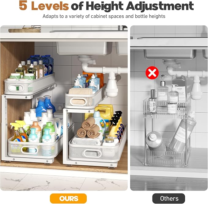 2 Pack 19.3IN-Depth Under Sink Organizer with Smooth Cylindrical Rail,2-Tier Pull Out Multi-Purpose Cabinet Storage for Bathroom&Kitchen,Height Adjustable,Rust-Resistant Coating-White - Image 8