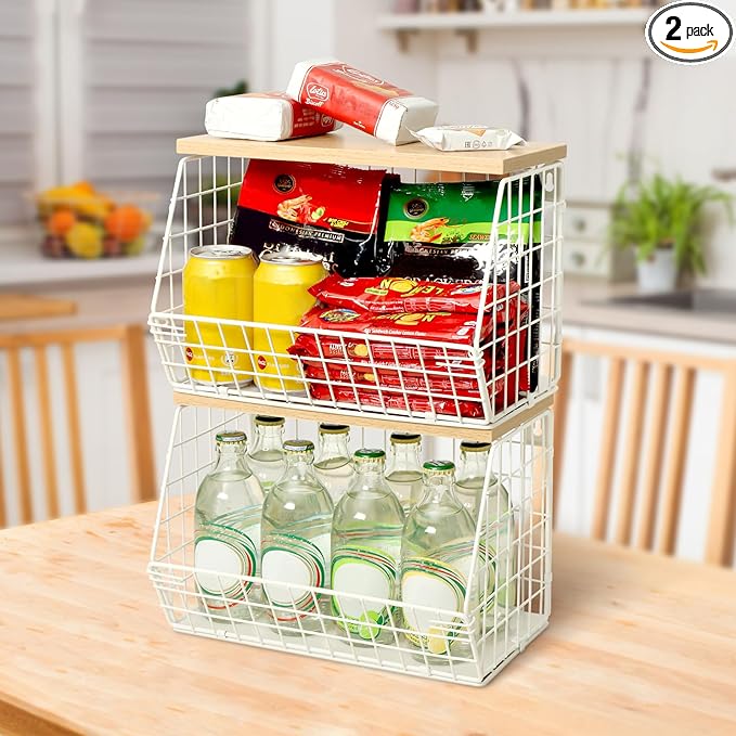 Mefirt Fruit Basket, 2-Tier Fruit Bowl for Kitchen Counter, Stackable Wall Mounted Fruit Storage, Snack Organizer, Potato and Onion Storage Basket, Hanging Pantry Storage with Wood Lid, 2 Set, White by Mefirt
