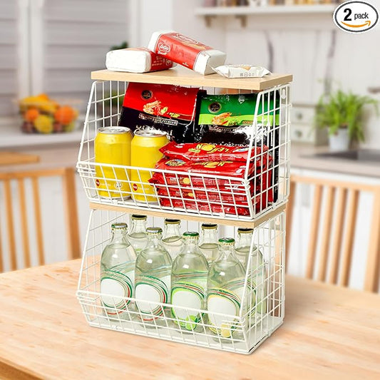 Mefirt Fruit Basket, 2-Tier Fruit Bowl for Kitchen Counter, Stackable Wall Mounted Fruit Storage, Snack Organizer, Potato and Onion Storage Basket, Hanging Pantry Storage with Wood Lid, 2 Set, White by Mefirt