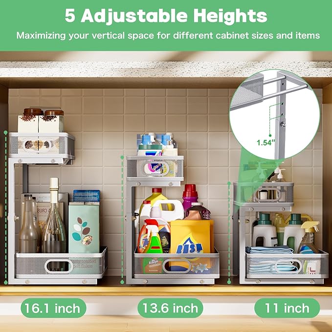 Under Sink Organizer 2 Pack, High Adjustable 2 Tier Under Sink Organizers and Storage, Slide out Metal Cabinet Organizers, Pull out Storage Drawer Shelf for Kitchen Bathroom Cabinet (Gray) - Image 5