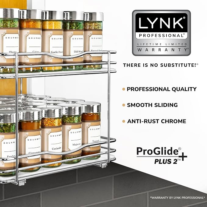 LYNK PROFESSIONAL® Pull Out Spice Organization for Cabinets - 10-3/8 inch Wide – Spice Rack for Inside Cabinets, Slide Out Spice Rack Organizer for cabinet – Pull Out Spice Rack, Sliding 2 Tier Chrome - Image 2