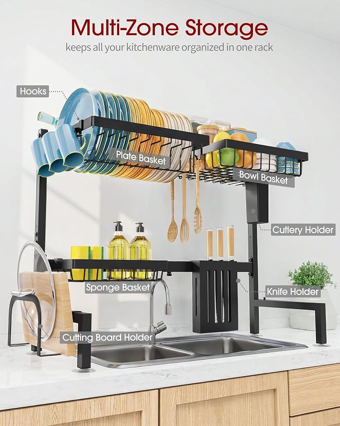 Sakugi Dish Drying Rack Over The Sink, Dish Drainer for Kitchen Counter | Stainless Steel Storage Organizer with Utensil Knife Holder & Hooks, Adjustable 11"D x 30.5"~34''W x 21.5" H, Black - Image 4