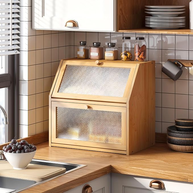 STDDRE Bread Box for Kitchen Countertop Bin Double Layer Bread Box Storage Container Extra Large Capacity with Diamond Pattern Windows (Natural, Extra Large) - Image 8
