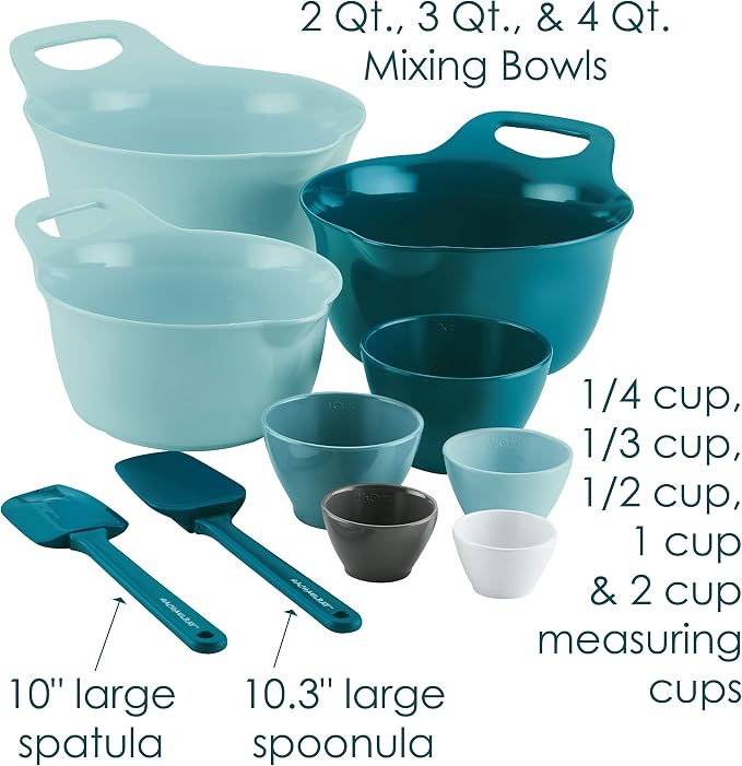 Rachael Ray Tools and Gadgets Mix and Measure Cooking / Baking Prep Set with Mixing Bowls, Measuring Cups, and Tools - 10 Piece, Light Blue and Teal - Image 2