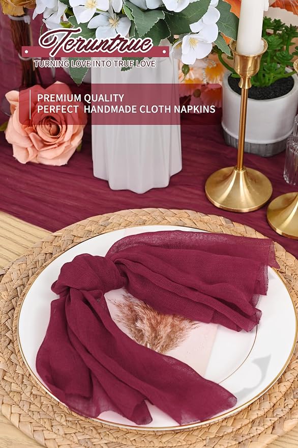 100 Pieces Cloth Napkins Burgundy Dinner Cheesecloth Napkins for Wedding,Wrinkled Cloth Napkins Bulk for Home Party Rustic Table Decoration, 17 x 17 Inch - Image 6
