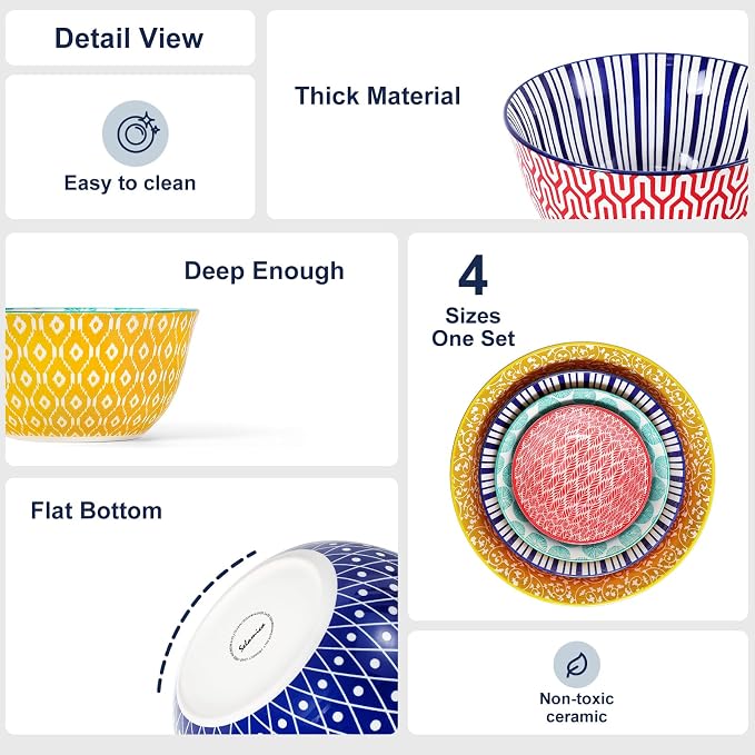 Selamica Ceramic Mixing Bowls, Nesting Bowls Set of 4 for Baking, Prepping, Cooking, Salad, 20/36/60/123 oz, Microwave & Dishwasher Safe, Assorted Colors - Image 6