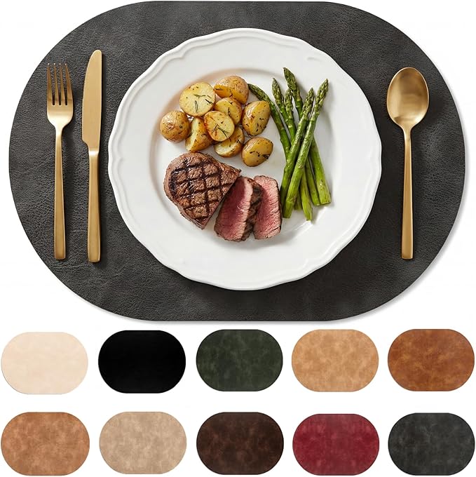 Placemats, Oval Placemats 2mm Ultra Thick Faux Leather Table Mats, Heat Resistant Waterproof Wipeable Dining Mats for Kitchen Table, Set of 12, Classic Grey by BIPASION