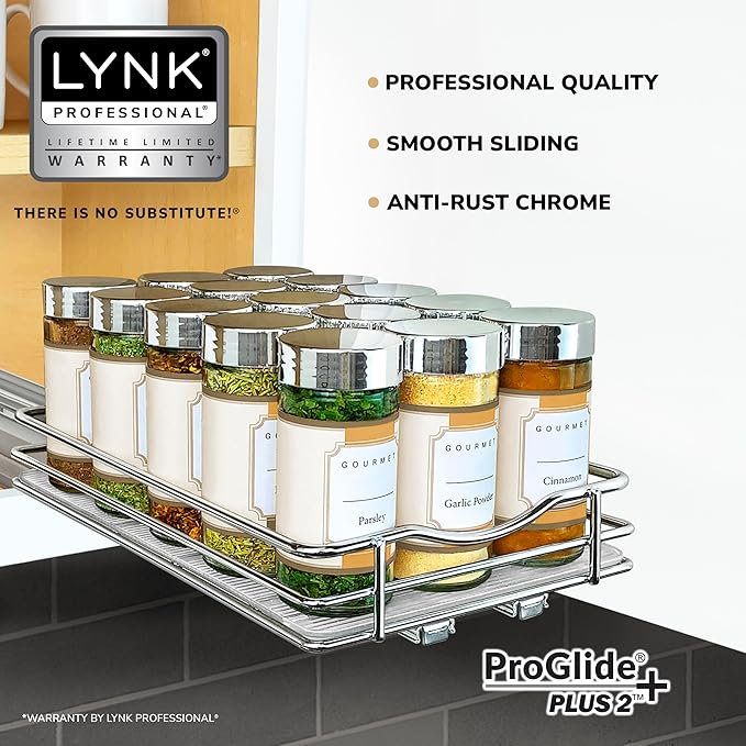 LYNK PROFESSIONAL® Pull Out Spice Organization for Cabinets - 6-3/8 inch Wide – Spice Rack for Inside Cabinets, Slide Out Spice Rack Organizer for cabinet – Pull Out Spice Rack, Sliding 1 Tier Chrome - Image 2