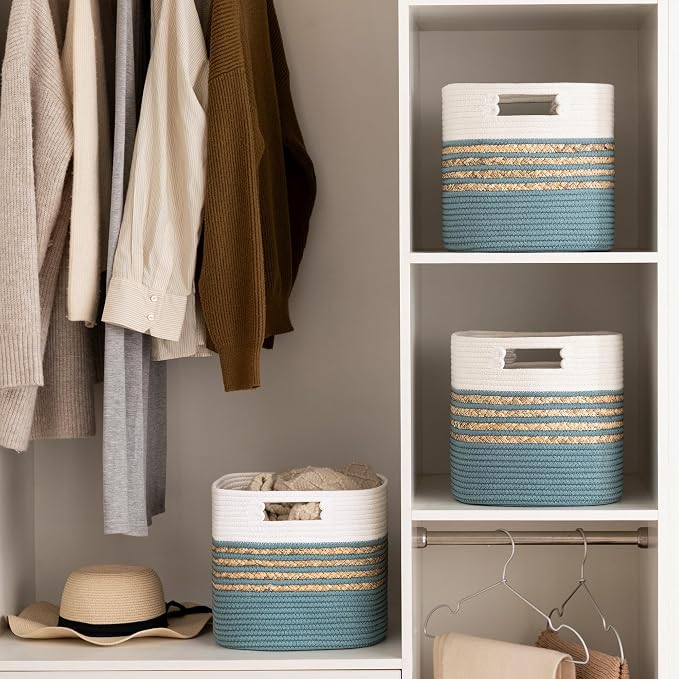 UBBCARE Set of 3 Storage Cubes 11 X 10.5 X 10.5 in, Water Hyacinth Storage Bins for shelves, Toys, Book, Storage Baskets with Handles, Cotton Rope Woven Baskets for Organizing, Light Blue - Image 7