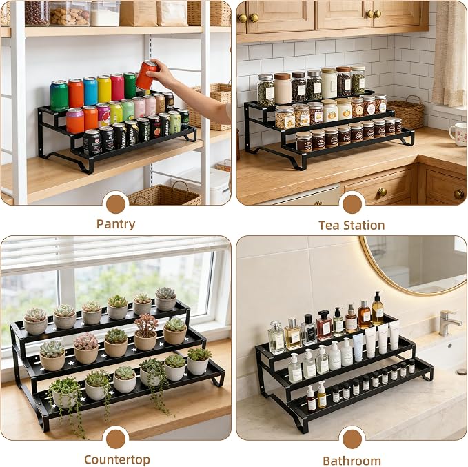 Expandable Spice Rack Organizer for Cabinet 3 Tier Spicy Shelf Black 2Pack | Adjustable Length 13"-21", Easy to See Labels, Sturdy Metal, Slip-Resistant Guardrails for Jars, Cabinet & Countertop Storage - Image 4