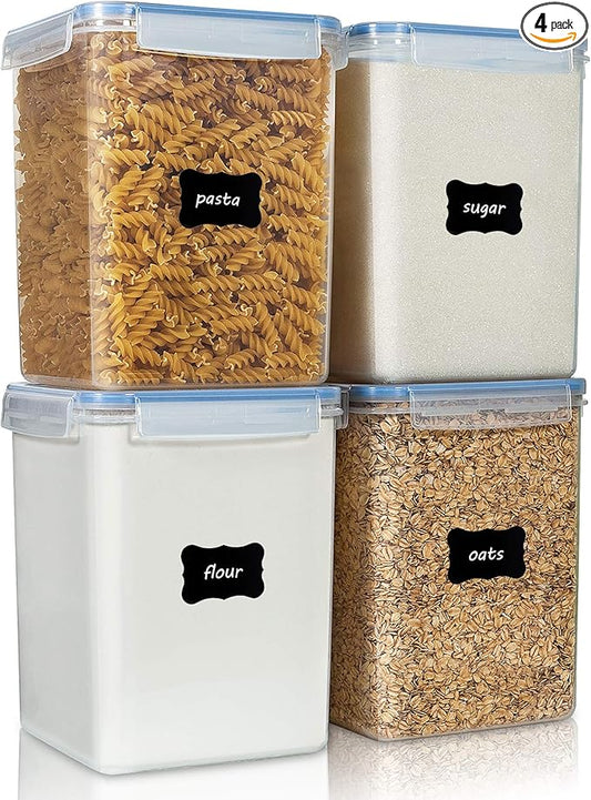 Vtopmart 5.2L Flour Sugar Storage Containers, 4 PCS, Blue | Airtight Seal, Multiple Sizes, BPA Free, Food Grade Material, Dishwasher Safe (Not Lids), 4 Measuring Cups and 24 Labels by Vtopmart