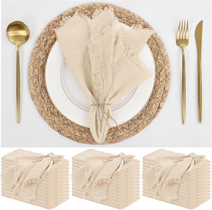 36 Pack Beige Cotton Linen Napkins 16 x 16 Inch Beige Napkins Cloth Handmade with Fringe Soft Cloth Napkins Washable Rustic Dinner Napkins Cloth for Wedding Party Dinner Table by ABKLESACH