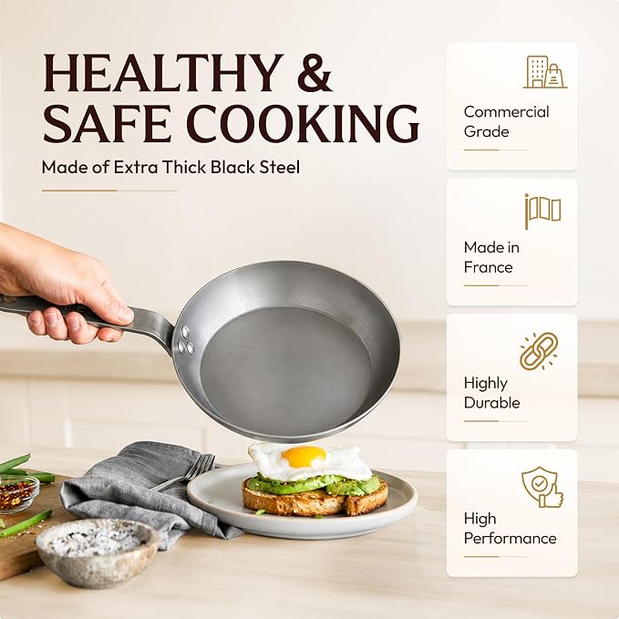 Mauviel M'Steel Black Carbon Natural Nonstick Frying Pan With Iron Handle, 9.4-in, Suitable For All Cooking Surfaces - Image 7