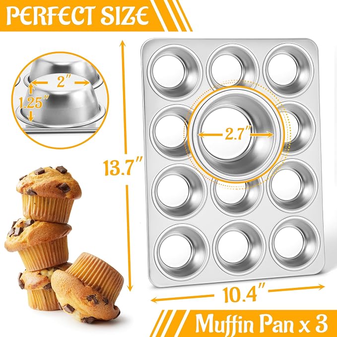 E-far Muffin Pan 12-Cup, 3-Pack Stainless Steel Cupcake Pan for Oven | Non-Toxic Metal Muffin Tins for Baking Muffins & Cupcakes, Regular Size & Easy Clean, Dishwasher Safe - Image 2
