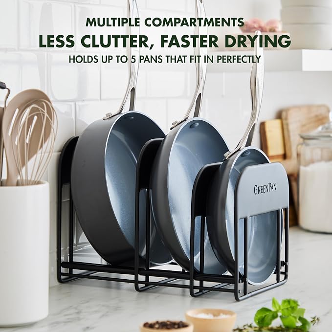 GreenPan Stainless Steel Wire Cookware Storage Rack, 5 Frying Pan Compartments, Countertop or Cabinent Organizer, Minimizes Clutter, Fast Drying, Wipes Clean, Black - Image 3