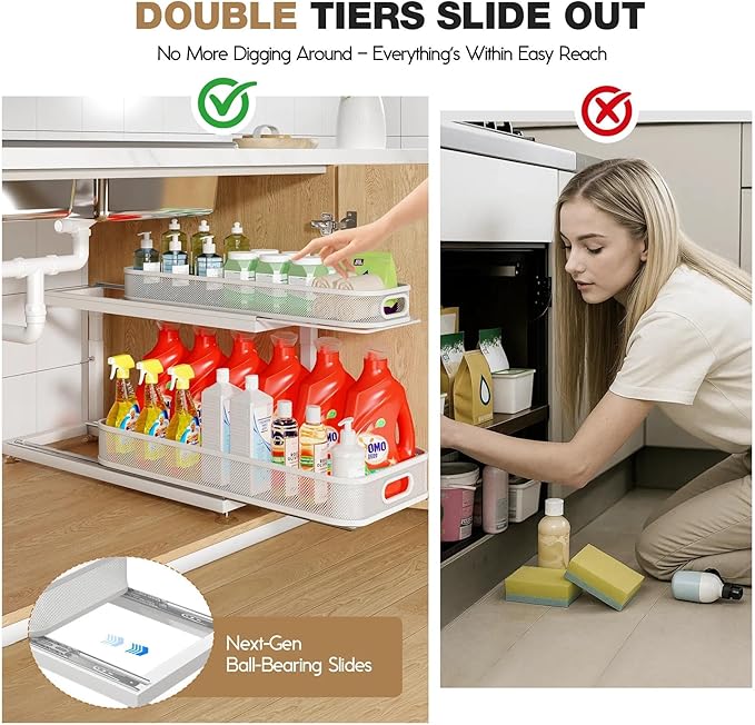 2-Pack 21.3 IN Depth Under Sink Organizer With Next-Gen Ball-Bearing Slides,Sophisticated Mesh 2-Tier Pull Out Shelf for Kitchen & Bathroom,Fits Small Items-White(Patented) - Image 4