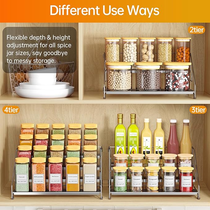 RCHYFEED 2 Pack 4 Tier Spice Rack Organizer,Adjustable Spice Rack,Chrome | Easy Visibility, Vertical Space Saving Organizer for Cabinet, Countertop, Kitchen, Pantry and Bathroom - Image 2