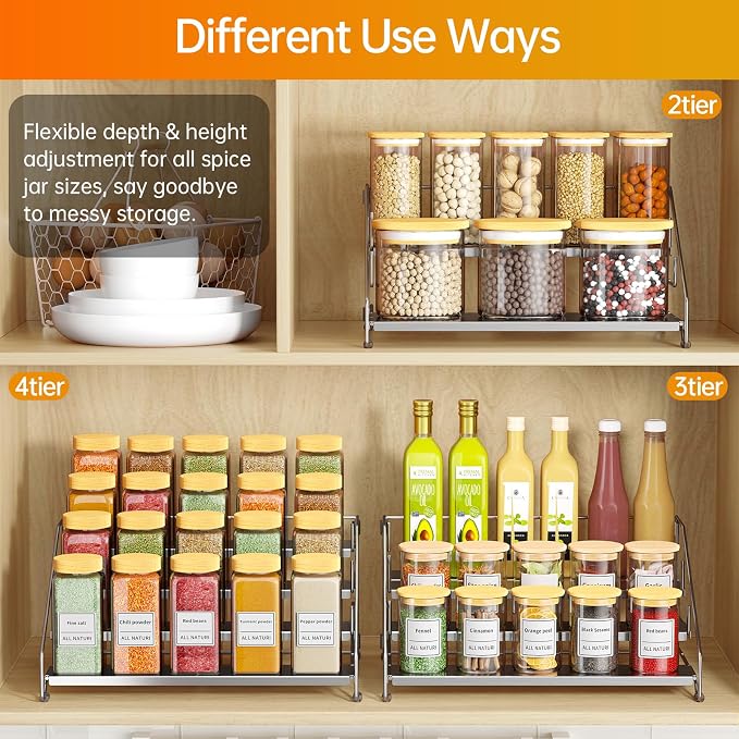 RCHYFEED 4 Tier Spice Rack Organizer,Adjustable Spice Rack,Chrome,1 Pack | Tiered Spice Organizer, Easy Visibility, Suitable for Cabinet, Countertop, Pantry and Cupboard Kitchen Storage - Image 4