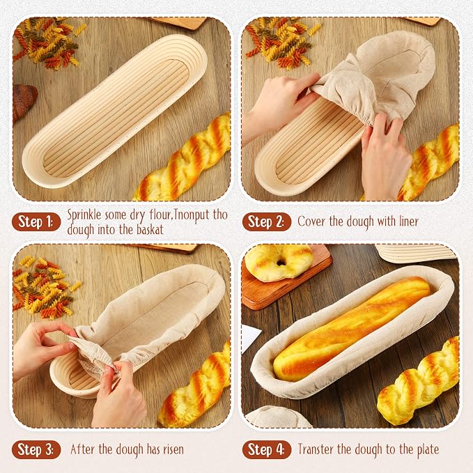 4 Pieces 13.8 Inch Banneton Bread Proofing Basket Oval Long Bread Proofing Basket Banneton Basket Dough Proofing Basket with Liners and Scatters for Home Sourdough Bread Baking - Image 5