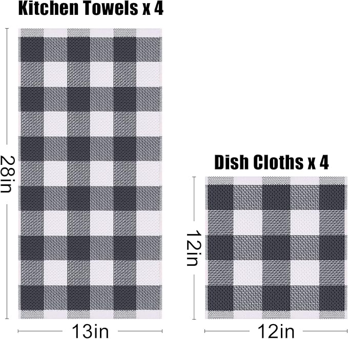 Homaxy Kitchen Towels and Dishcloths Set, Set of 8, White & Dark Grey | Bulk Cotton Waffle Weave Check Plaid Kitchen Towels, Super Soft and Absorbent Dish Cloths, 12 x 12 and 13 x 28 Inches - Image 4