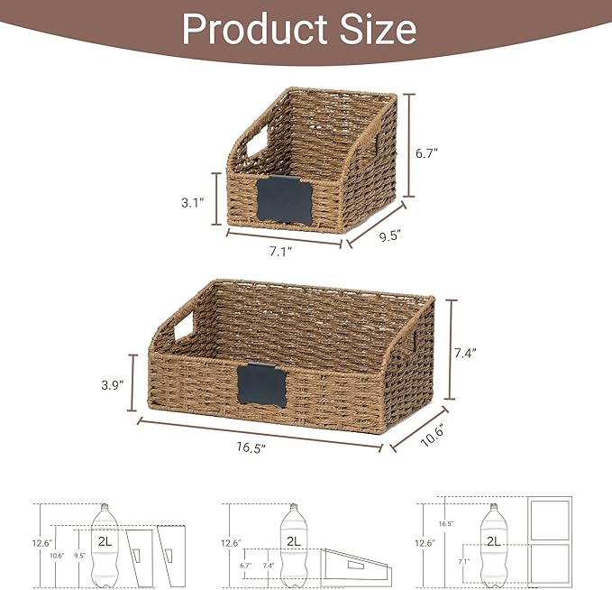 Pantry Organizers, Large Wicker Baskets for Shelves, Labeled Storage Baskets for Organizing with Handles - Paper Storage Bins for Shelves, 3 Pack, Brown - Image 3