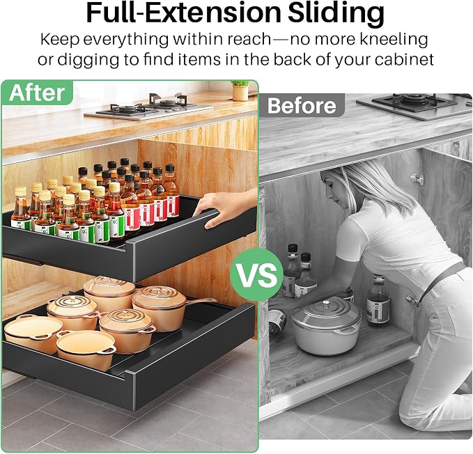 Pull Out Cabinet Organizer with Nano Adhesive, Heavy Duty Full-Extension Slide-Out Drawer for Kitchen Cabinet Organizers and Storage, No Drill Roll out Pantry Shelf, 22.4"W x 16.9"D x 3.1"H , Black - Image 3